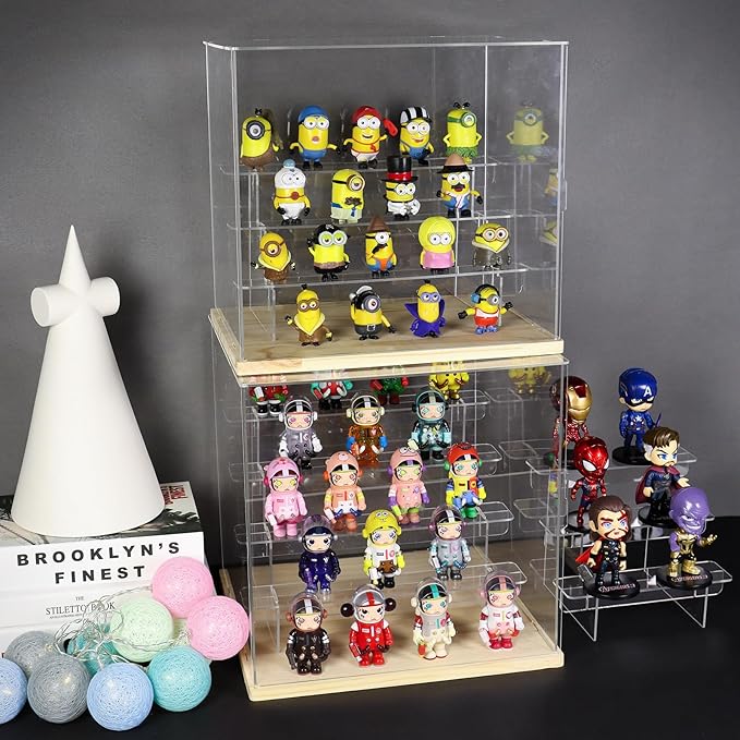 Choowin 5 Tier Clear Acrylic Display Case for Collectibles, Mini Figures, Pop Mart, Labubu, Sonny Angel, Smiski - Assemble Dustproof Acrylic Display Box with Door, Stand (Black Base, Clear Step)