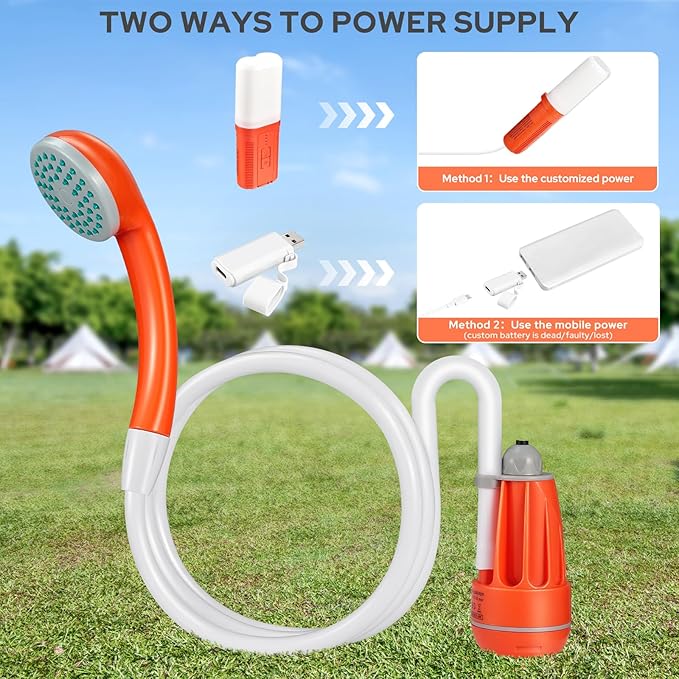 Portable Shower for Camping, 4400mAh Electric Portable Camping Shower with USB C Adapter, Outdoor Camp Pump with LED Camping Light, Multiple Power Supply Methods, for Hiking, Travel, Car