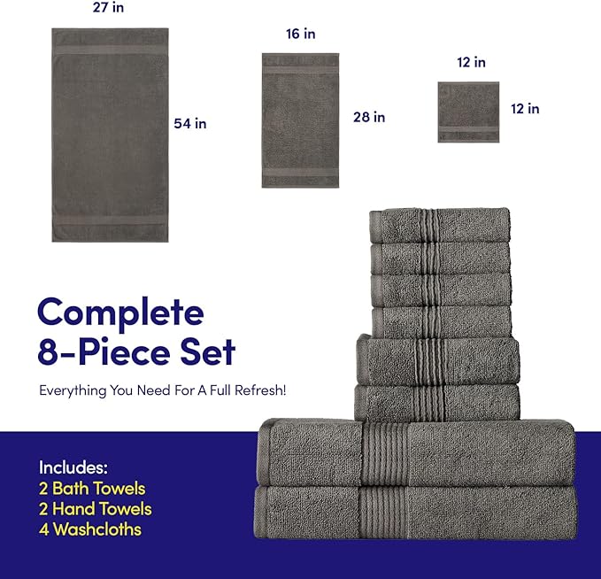 Bath Towels 8 Piece Towel Set – 100% Combed Cotton – Bath + Hand + Washcloths – Oeko-TEX Certified Soft & Absorbent Towels with Durable Double-Stitched Edges for Bathroom or Guest Spa, Gray