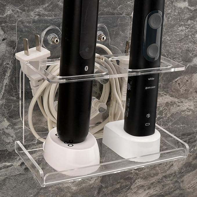 Electric Toothbrush Holder Wall Mounted, Electric Toothbrush Cord Organizer Holds 2 Chargers, Self Adhesive Electric Toothbrush Stand for Bathroom, Medicine Cabinet, Dorm(Clear)