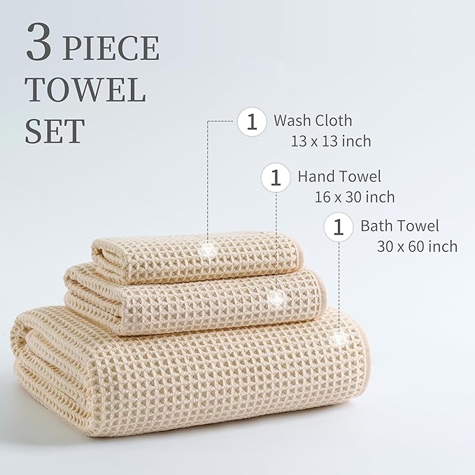 New Microfiber Waffle Bath Towels, 3 Pieces, Oversized, Soft, Absorbent, Fast Drying, Lint Free, Includes Bath, Face and Hand Towels (Champagne)