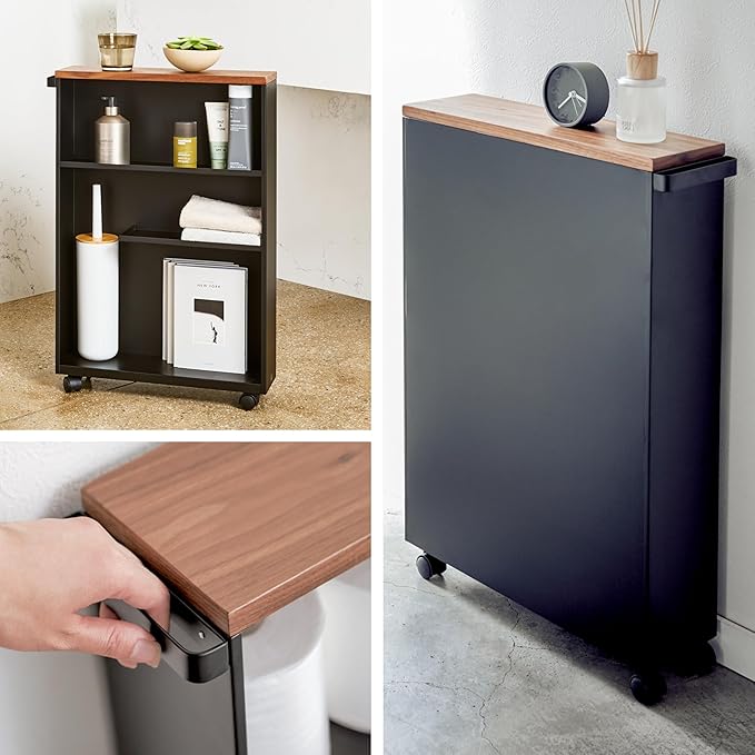 YAMAZAKI Home Slim Rolling Storage Cart – Narrow Bathroom Storage Cabinet with Handle, Slim Bathroom Storage Cart with Wheels, Easy Assembly, Steel + Wood, Black, 27" - Steel -