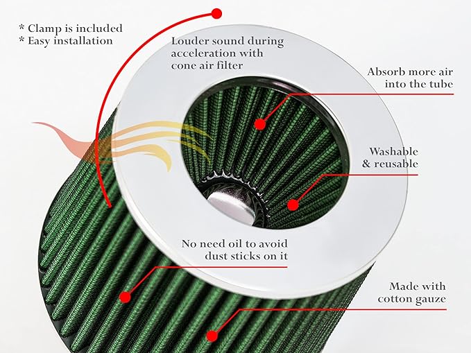 GREEN Inlet Cold Air Intake Cone Replacement Performance Washable Clamp-On Dry - Image 5