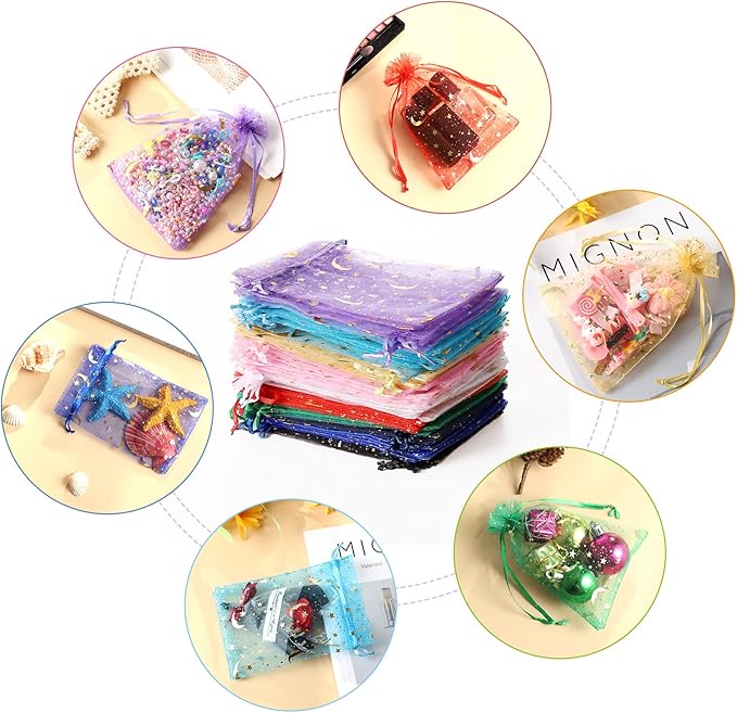 Hopttreely 100 Pieces Moon Star Organza Bags, Mixed Color 4x4.72(10X12CM) Satin Drawstring Organza Pouch Wedding Party Favor Gift Bag Jewelry Watch Bags
