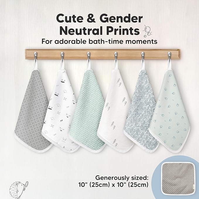 6-Pack Cotton Baby Washcloths for Newborn - Organic Cotton Muslin Soft Wash Cloths for Babies, Infant, Kids, Toddler Towels for Boy, Girl, Super Absorbent Face Cloths, Scratch-Free Baby Rags (Nordic)