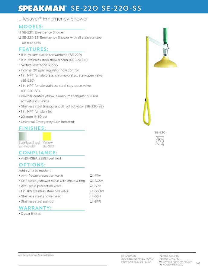 Speakman SE-220 Lifesaver Vertical Supply Emergency Shower, Yellow