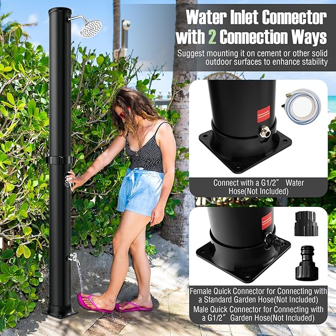 Goplus 10 Gallon Solar Heated Outdoor Shower, 7.2 FT Freestanding Outside Shower with Rotating Shower Head, Temperature Adjustment & Foot Shower, for Backyard Beach Pool Spa (Black)