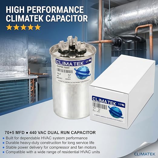 ClimaTek 70 + 5 MFD 370/440 Volt Dual Run Round Capacitor CAP99-7054R | 70/5 VAC - Image 2