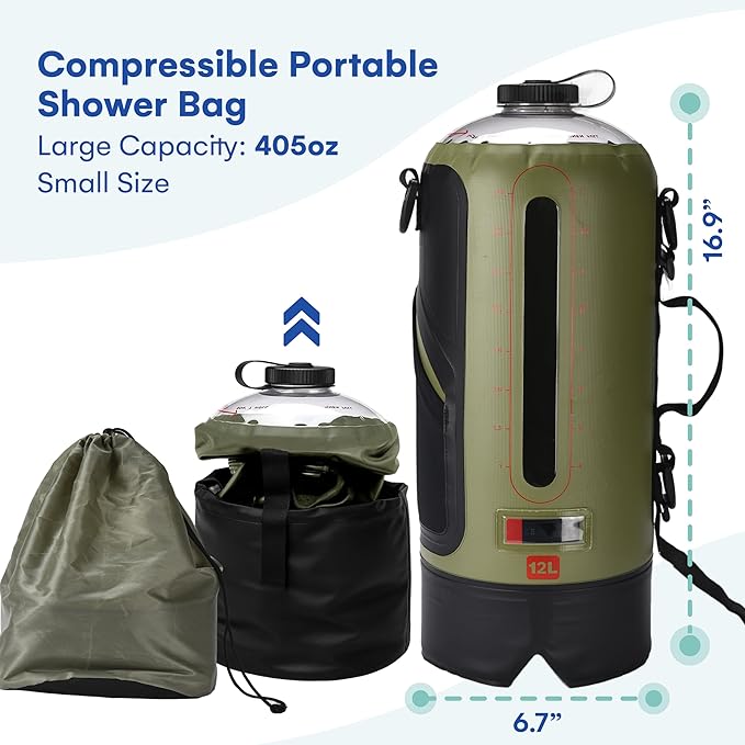 HappyPo Camping Shower - Portable Camping Solar Shower Pump- Shower Bag with Pressure Foot Pump with Temperature Indicator - Camp Water Equipment for Road Travel
