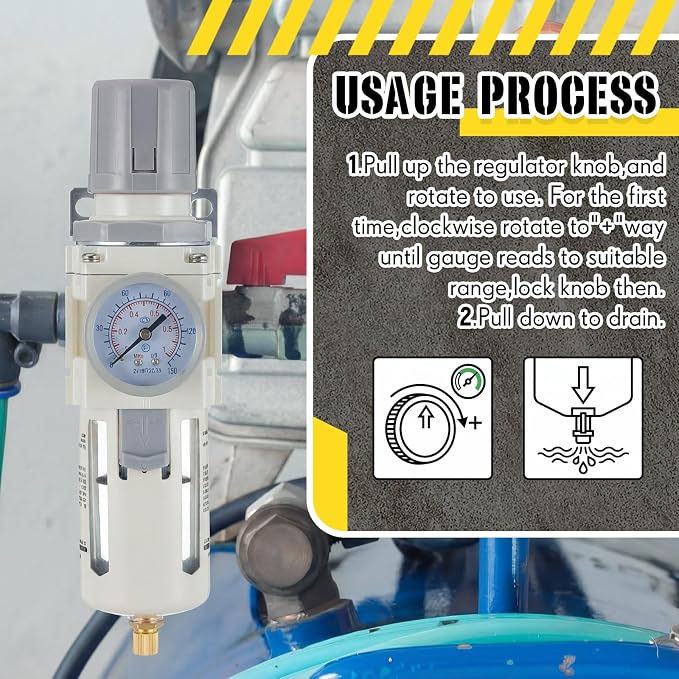 Tuanse Manual Drain 1/2" NPT Compressed Air Filter Regulator, Piggyback Combo - Image 4