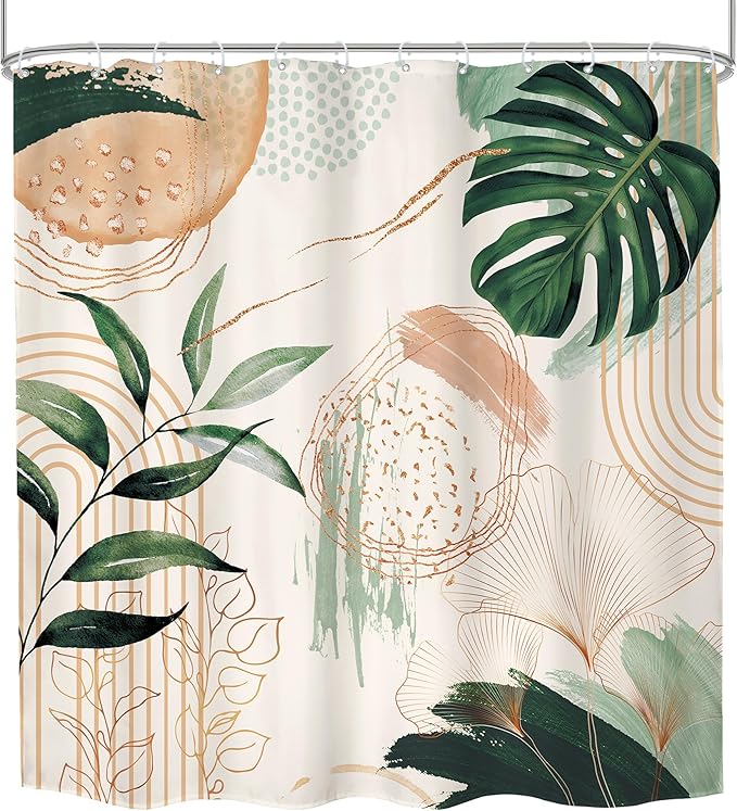 Boho Shower Curtain 72Wx72H Modern Bohemian Abstract Tropical Green Leaves Plant Palm Mid Century Botanical Minimalist Bathroom Decor Geometric Arch Bath Curtain Fabric Polyester 12 Pack Hook