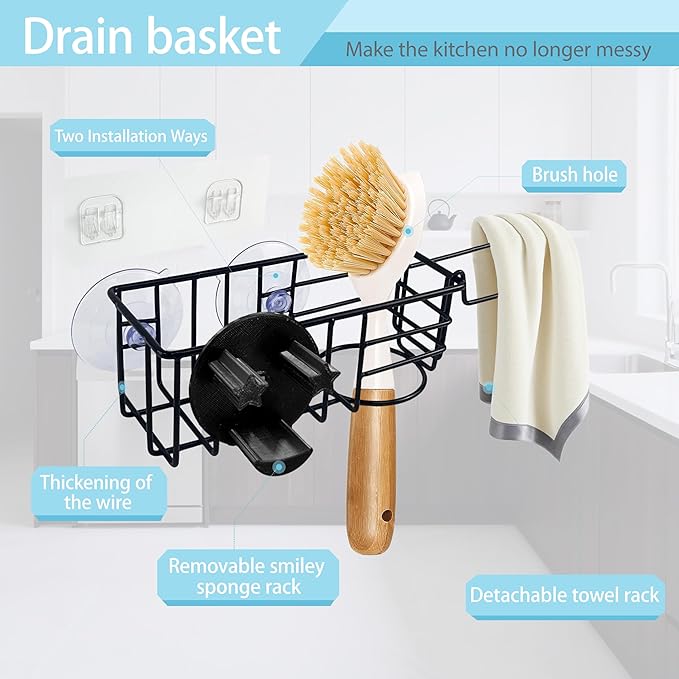 Sponge Holder Smile Face with Dish Cloth Hanger for Kitchen Sink, In-sink Caddy Organizer with Suction Cups & Adhesive Strips, Rustproof Sponge Rack for Soap, Brush, Scrubber - Black