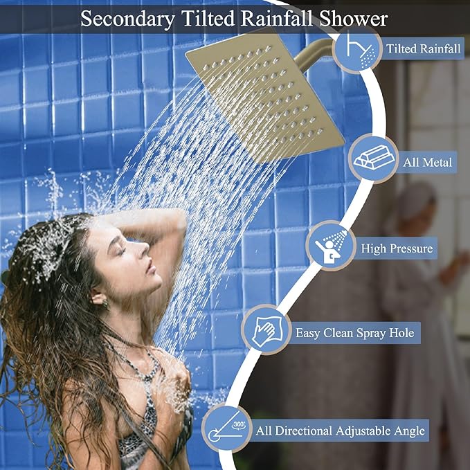 Shower Faucet Set Brushed Gold Shower System, Ceiling Mount 10 Inch Shower Head with 6 Inch Wall Mount Shower Head, Knob Switch Diverter Shower Faucet, Rough-in Valve Body and Trim Included