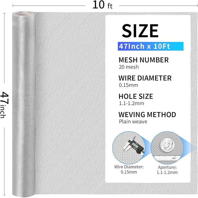 304 Stainless Steel Mesh, 47in x 10ft, 20 Mesh, Sturdy Metal Screen Roll - Image 3