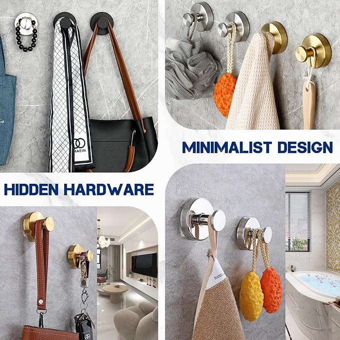2-Pack Removable & Reusable Suction Cup Hooks for Shower, Heavy Duty No-Drill Cup Hooks for Towels, Robes, Loofah–Wreath Hangers for Front Doors, Mount on Glass, Mirror, Tile (Gold, 2 Pack)