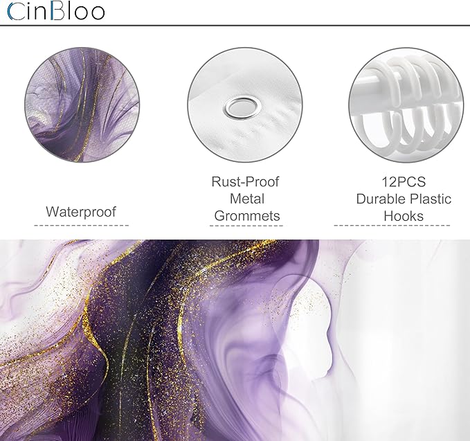 Cinbloo Purple Shower Curtain 60Wx72H Abstract Marble Ombre Gold Bathroom Decor for Women Modern Elegant Ink Texture Minimalist Chic Aesthetic Artistic Neutral Bath Curtain Fabric with 12 Hooks