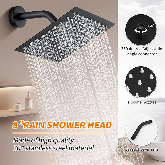 Black Shower Faucet Single Function Trim Kit with Rough-in Valve Set Bath Rainfall Shower System 8inch Square Stainless Steel Metal Shower Head