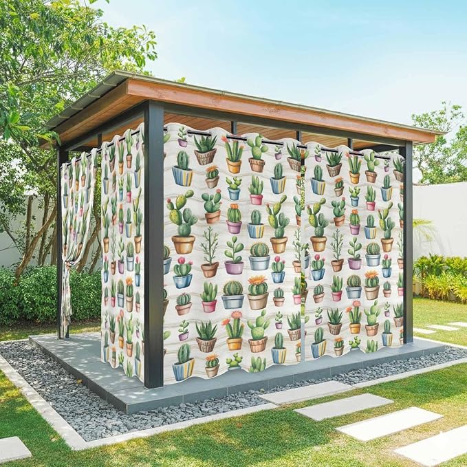 Summer Cactus Outdoor Curtains for Patio Cactus Tropical Plant Wooden by Unknown