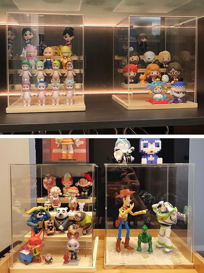 Choowin 4 Tier Small Clear Acrylic Display Case for Collectibles, Mini Figures, Pop Mart, Labubu, Sonny Angel, Smiski - Assemble Dustproof Acrylic Display Box with Door, Stand (Black Base Step)