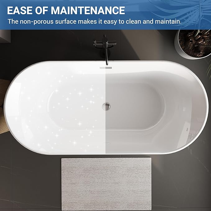 67'' Free Standing Tub, Modern Soaking Bathtub with Matte Black Drain and Overflow, Acrylic, Glossy White cUPC Certified Ergonomic Bath Tub