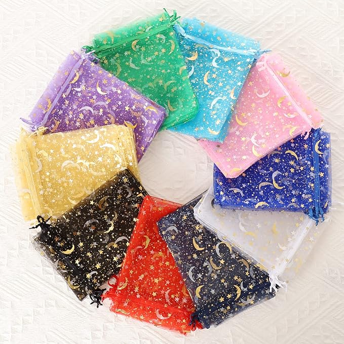 Hopttreely 100 Pieces Moon Star Organza Bags, Mixed Color 4x4.72(10X12CM) Satin Drawstring Organza Pouch Wedding Party Favor Gift Bag Jewelry Watch Bags