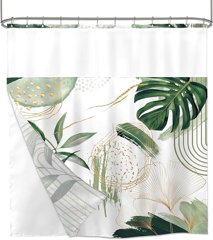 Sage Green Boho Shower Curtain 72Wx72H with Snap in Liner Mid Century Modern Abstract Gold Olive Tropical Palm Leaf Bathroom Decor Simple Geometric Bath Curtain Fabric Polyester 12 Pack Hooks
