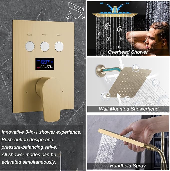 Shower Faucet Set Brushed Gold Shower System with 12 inch and 8 inch Wall Mounted Shower Head, Digital Temperature Display Push Button Shower Fixtures with Handheld Shower