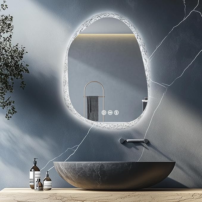 LUVODI Lighted LED Bathroom Mirror: 32”x24”Irregular Stone Pattern Frosted Wall - Image 9