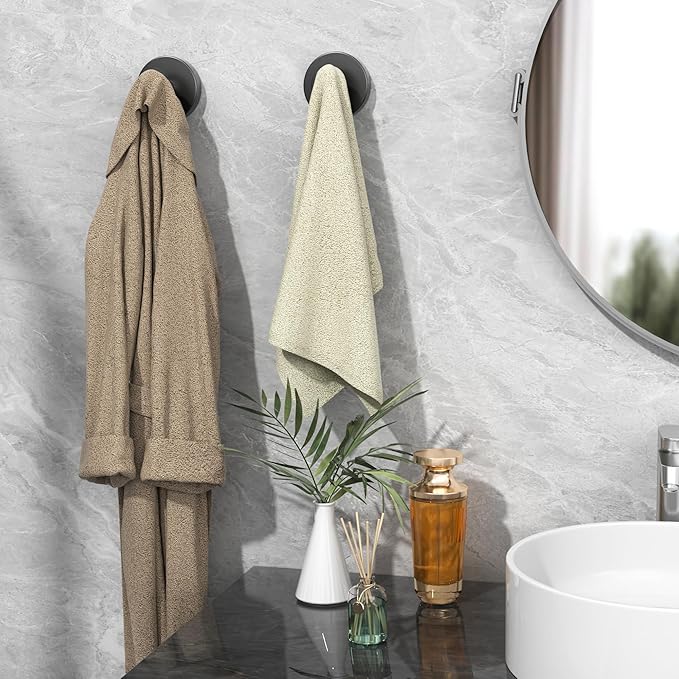 Shower Suction Cup Hooks, Heavy Duty Bathroom Wall Hooks for Towels, Robes, Loofahs, Removable Metal Hook for Tile Glass Mirror, No Drill(4 Pack, Black)