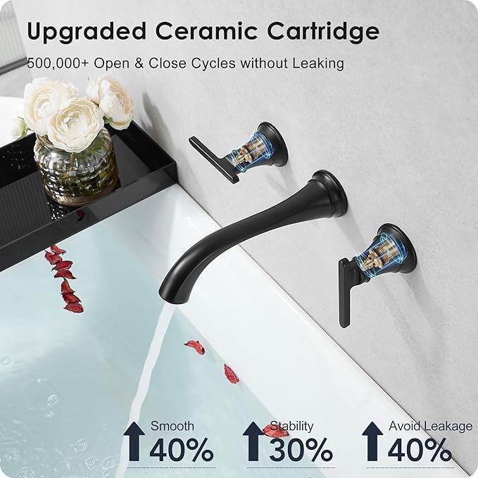 Brass Tub Filler Wall Mount 3 Hole, Farmhouse Black Tub Faucet, High Pressure 2 Handle Matte Black Bathtub Faucet Set with Long Spout Reach, Rough-in Valve
