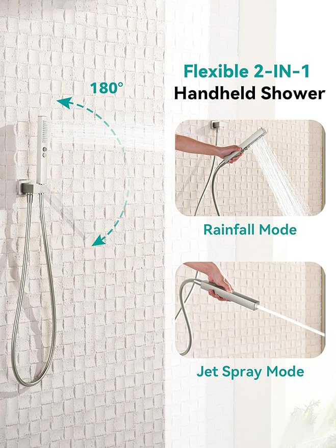 Lefton Shower System in Fahrenheit Display (Battery-free), 10” Overhead Shower Head with All-in-one Handheld Spray Showerhead and Bathtub Faucet, 4-in-1 Control System, SSWM2502 (Brushed Nickel)