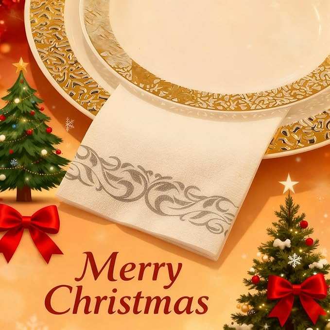 200 Disposable Hand Towels Soft and Absorbent Linen Feel Dinner Napkin Durable Decorative Bathroom Hand Napkins Good for Kitchen, Parties, Weddings, Dinners or Events White and Silver