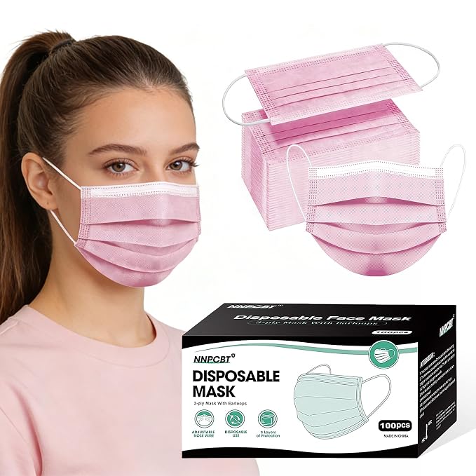 NNPCBT Pink Disposable Face Masks 100 Pack, 3-Ply Breathable Mask by NNPCBT