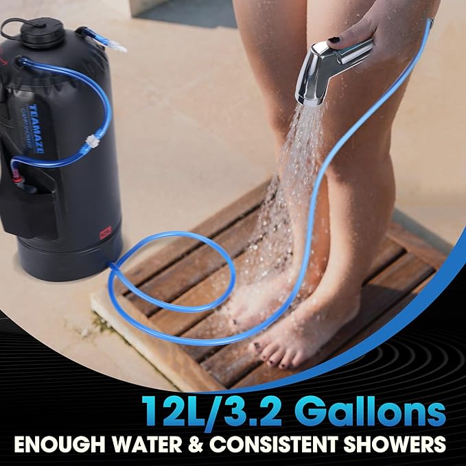 Teamaze Camping Shower,12L Portable Camp Shower Bag with Upgraded Screw Lid, Auto Pressure Pump, Solar Shower, Camping Shower Head for Beach Camping, Hiking, Traveling, Washing