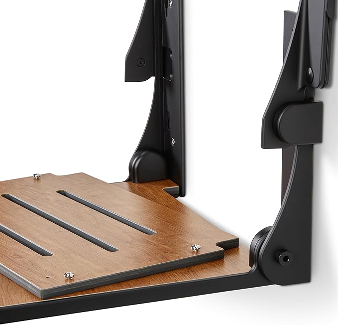 Seachrome Silhouette Comfort Folding Wall Mount Shower Bench Seat with Arms, Rustic Teak Seat with Matte Black Frame