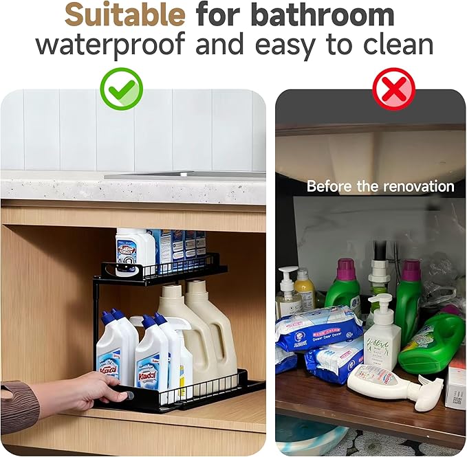 2 Pack Pull-Out Storage Basket Under Sink Organizers Under Sink Storage Racks For Kitchen Cabinet,Bathroom,Storage Box, Black