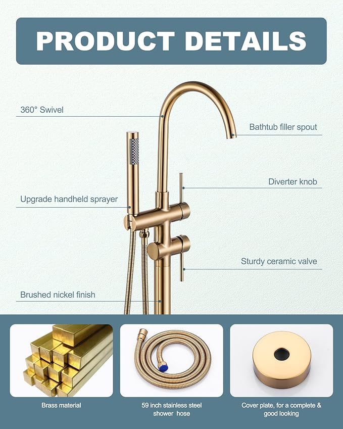 Freestanding Bathtub Faucet Brushed Gold, Floor Mount Tub Filler, High Flow Brass Shower Faucets with Handheld Sprayer for Bathroom