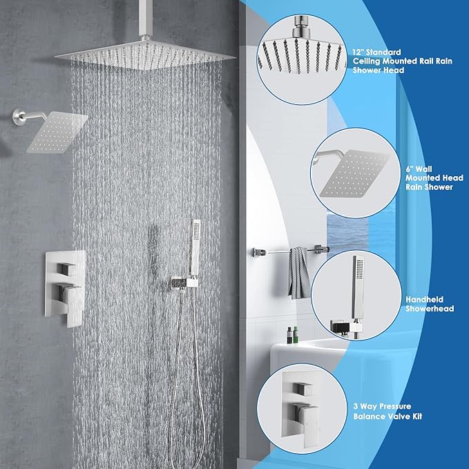 Shower System Dual Shower Heads with 12" Ceiling Mounted Rain Shower Head & 6" Wall Mounted Head Full Body Luxury Rain Shower System 3 Way Pressure Balance Valve Kit, Brushed Nickel