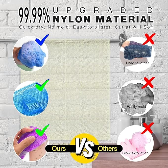 UJFQBH 4 Pieces African exfoliating net African Net Long Net Bath Sponge Exfoliating Shower Body Scrubber Back Scrubber Skin Smoother,Great for Daily Use (Purple, Blue, Green, White)