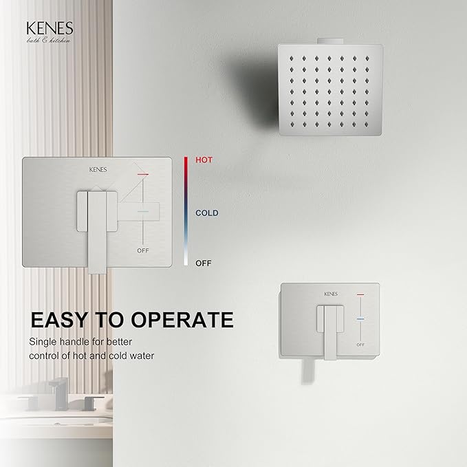 KENES Brushed Nickel 6-Inch Shower Head and Handle Set, Square Shower Faucet Set Bathroom Rainfall Shower System Wall Mount, KE-6025B (Shower Valve Included)