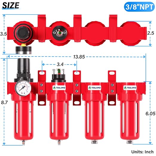 TAILONZ PNEUMATIC 0-150PSI 3/8 Inch NPT Red Industrial Grade 4 Stage Air Drying - Image 2
