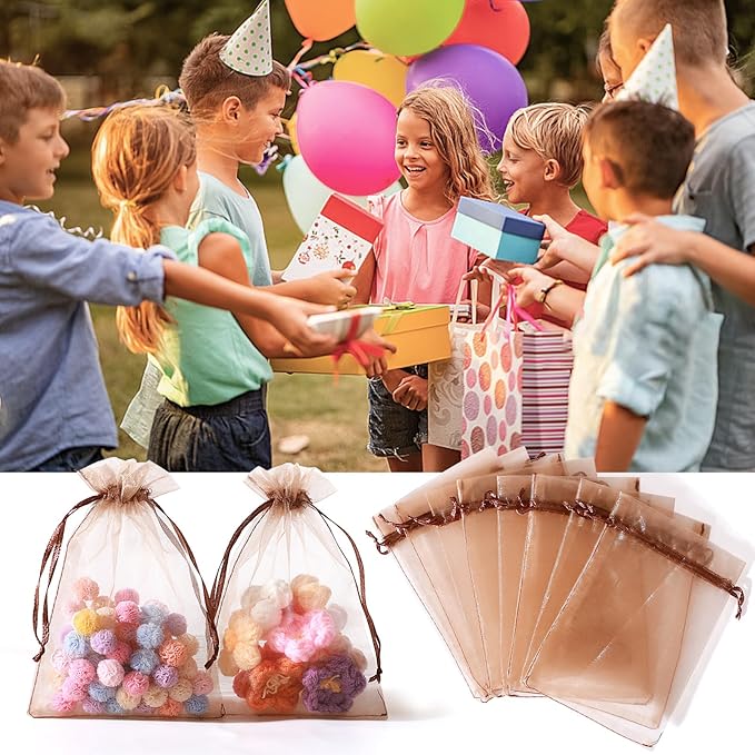 Hopttreely 100pcs Organza Bags, Light Brown 4''x4.72''(10x12cm) Satin Drawstring Organza Pouch Wedding Party Favor Gift Bag Jewelry Watch Bags