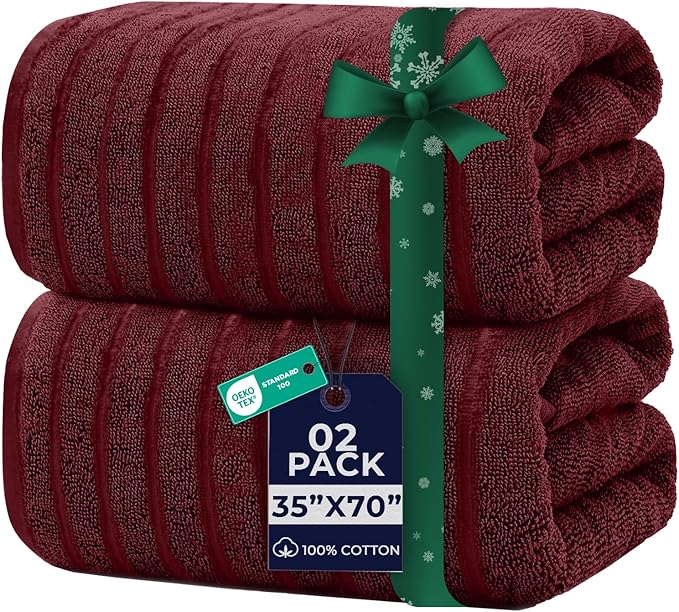 DAN RIVER Pack of 2 Bath Sheet 35x70 Inches, Ribbed Jumbo Bath Towels, Soft and Absorbent Extra Large Towels - Pomegranate