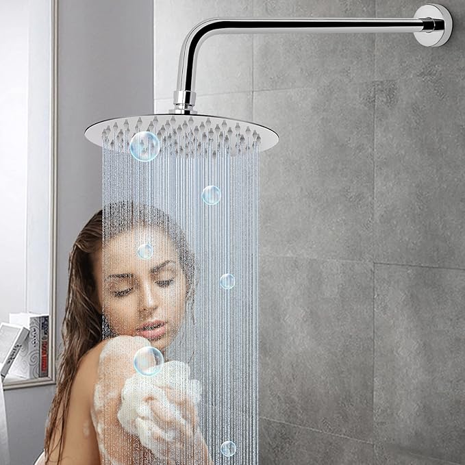 HarJue Shower Arm with Flange and Teflon Tape, Wall Mounted Shower Pipe 304 Stainless Steel Extension Arm for Fixed Shower Head & Handheld (15 Inch, Chrome)