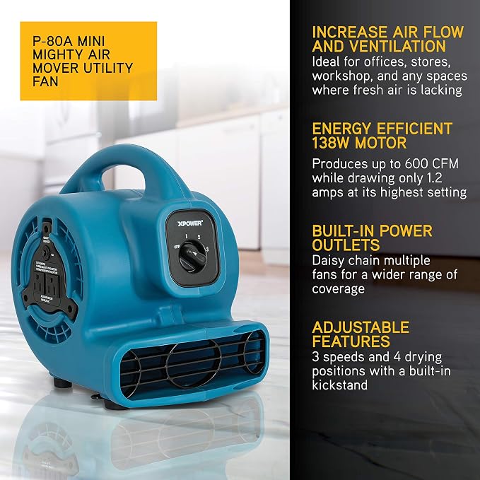 XPOWER P-80A Mini Mighty 138 W 600 CFM Centrifugal Air Mover, Carpet Dryer - Image 2