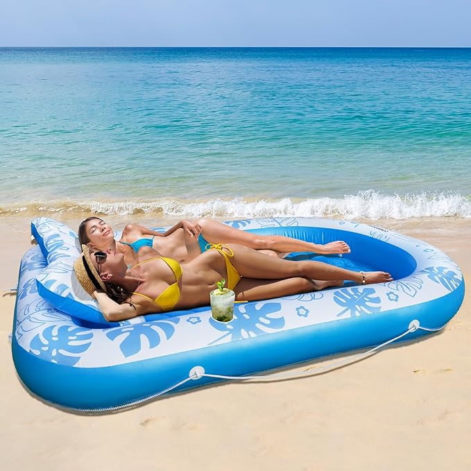 Inflatable Tanning Pool Lounger Float with Cervical Pillow - Pool Floats Adult for Sunbathing, Backyard, Pool Party - Inflate Ball Pit for Babies - Kids Swimming Pool Bed
