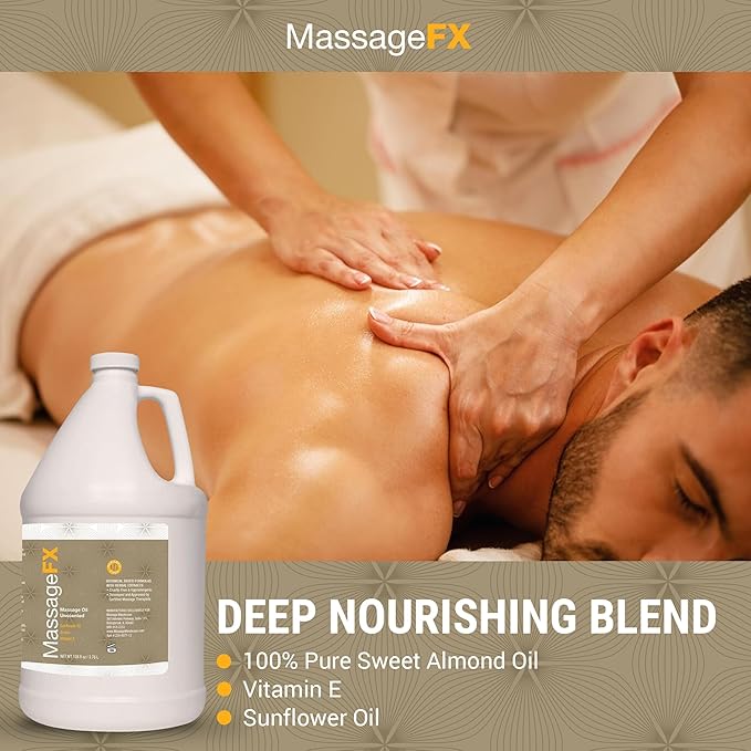Massage Oil by Massage FX - 100% Pure Sweet Almond & Sunflower Seed Oil - Vitamin E - Ivy, Arnica & Aloe - Unscented - Perfect for a Full Body Massage, Maximum Friction - Paraben Free - 1 Gallon