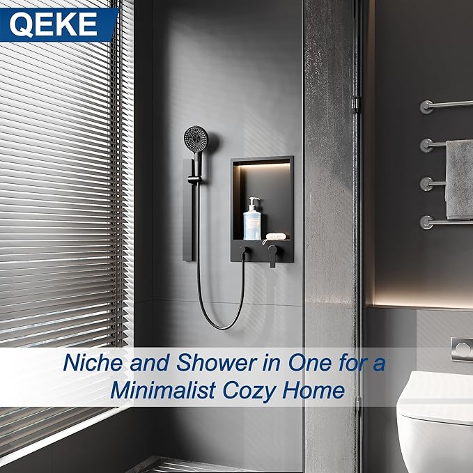 Shower Niche with Round Hand Shower,Sliding Bar and LED Light in Matte Black/Vertical