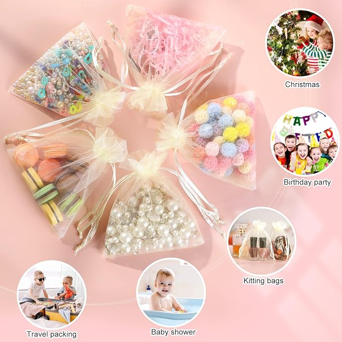 Hopttreely 100pcs Organza Bags, 4''x4.72'' Pastel Yellow Satin Drawstring Organza Pouch Wedding Party Favor Gift Bag Jewelry Watch Bags