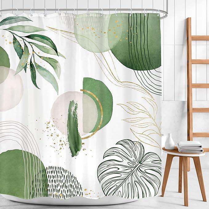Green Boho Shower Curtain 60Wx72H Bohemian Mid Century Modern Abstract Palm Leaves Tropical Gold Olive Geometric Plant Bathroom Decor Minimalist Bath Curtain Fabric Polyester 12 Pack Hooks